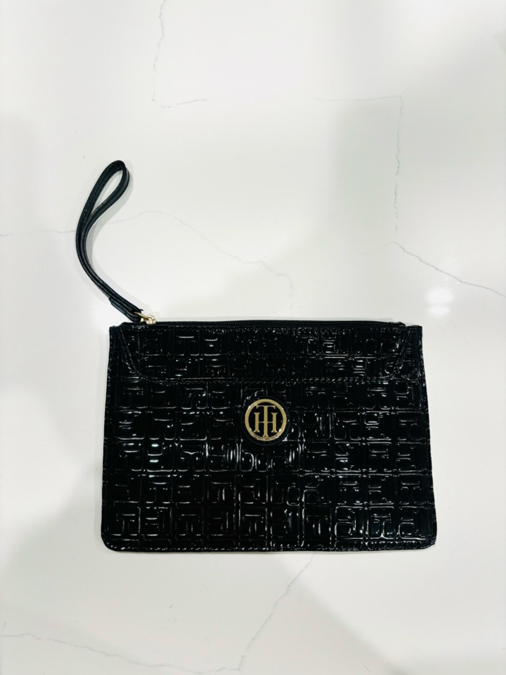 Tommy Hilfiger Black Patent Logo Wristlet Clutch